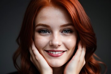 Portrait beautiful redhead model woman with white teeth smile, healthy long hair and beauty skin on dark background. Concept of advertising dentist and facial care. Generative AI