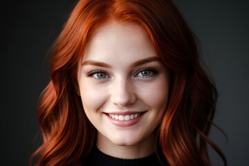 Fototapeta premium Portrait beautiful redhead model woman with white teeth smile, healthy long hair and beauty skin on dark background. Concept of advertising dentist and facial care. Generative AI