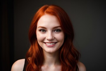 Portrait beautiful redhead model woman with white teeth smile, healthy long hair and beauty skin on dark background. Concept of advertising dentist and facial care. Generative AI