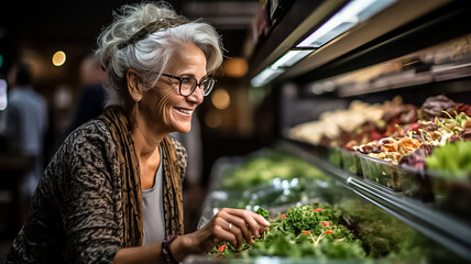 Mature woman shopping in grocery store. Side view choosing fresh fruits and vegetables in supermarket. Shopping concept - obrazy, fototapety, plakaty