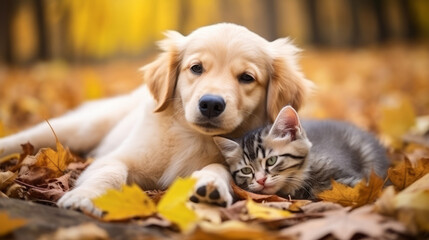 Cute dog and cat lying together on garden in autumn season nature background, friendship between little puppy and kitten animals