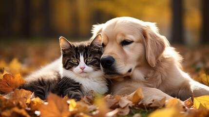 Cute dog and cat lying together on garden in autumn season nature background, friendship between little puppy and kitten animals - obrazy, fototapety, plakaty