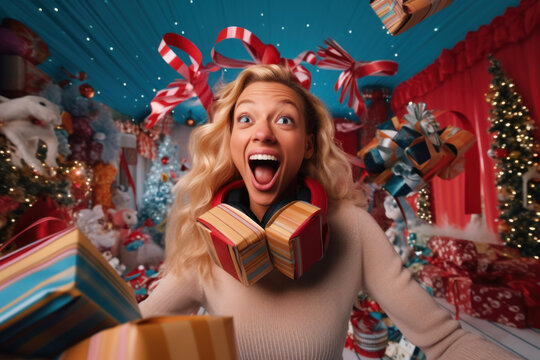 Crazy funny Christmas Party. A happy blonde woman agains Christmas decorated room with flying presents and ribbons.