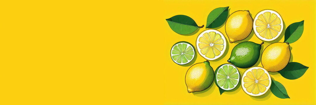 Illustration von Zitronen und Limetten als Banner mit Platz f&uuml;r Text mit gelbem Hintergrund.