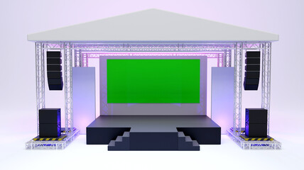 3D rendering of outdoor stage show and truss construction with sound system, green screen for concert performance, Stage design concept