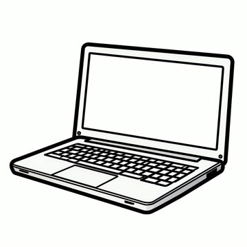 Isolated Tall Cartoon-Style Black Outline Laptop on White Background.