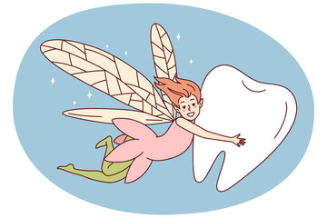 Smiling fairy flying with tooth. Happy pixy cartoon character with children teeth. Vector illustration.