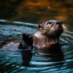 Obraz premium European otter (Lutra lutra) swimming in the water