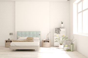 Fototapeta premium White bedroom concept. Scandinavian interior design. 3D illustration