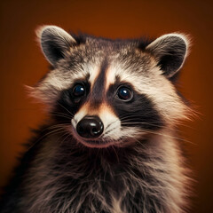 Portrait of a cute raccoon on a brown background. Studio shot.