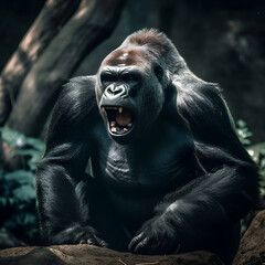 Portrait of a strong male gorilla sitting on a rock and screaming