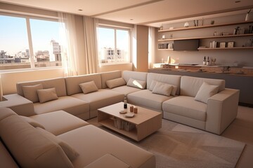 Sleek Tranquility: Modern Living Room with Minimalistic Interior Design with fantastic view and beige brown colors