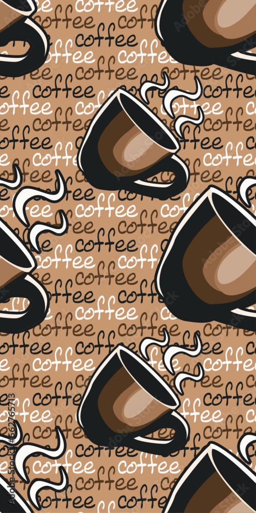 Fototapete Background from the text is “coffee”. Cups of coffee, seamless pattern of cozy cups on text background. 
Coffee wallpaper with cups.