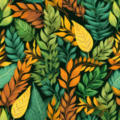 leafy patterns, Seamless pattern with colorful leaves on dark background. Vector illustration.
