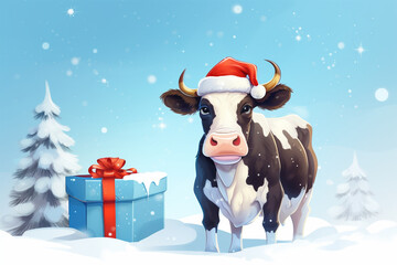 Christmas illustration of a cow in winter