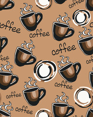 Brown coffee cups, seamless vector pattern. For print in a coffee shop, wallpaper, packaging.