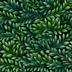 Seamless pattern with green leaves on dark background. Vector illustration.