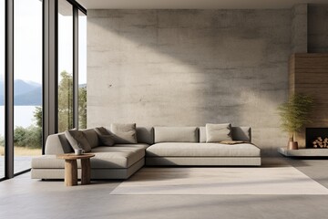 Contemporary Simplicity: Minimalistic Design in a Modern Living Space with grey walls and fantastic view outside