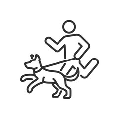 Walking the dog, linear icon, the person runs with the dog on a leash. Line with editable stroke