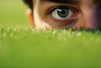 Close-up of a golfer's eye aligning a putt on the grass field.