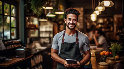 Portrait of happy man standing at doorway of her store. Cheerful mature waitress waiting for clients at coffee shop with didital tablet. Successful small business owner Generative ai