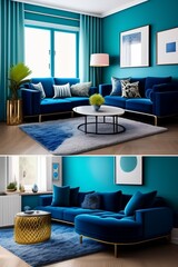 Bohemian-style home interior featuring a cozy sofa and TV setup, unified with a calming blue theme. A perfect blend of comfort and artistic flair.