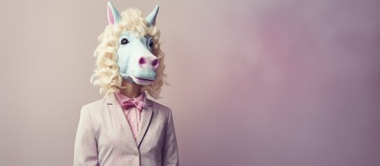 A girl in a distorted unicorn costume With copyspace for text