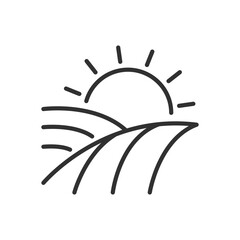 Fields and sun, linear icon. Line with editable stroke
