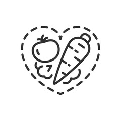 Love Vegetables, linear icon. Vegetables and heart. Line with editable stroke