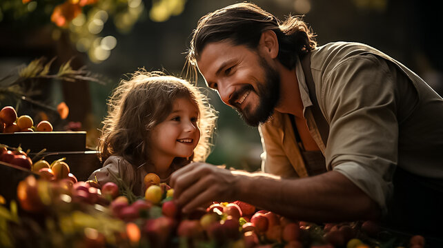 The farmer man and the child harvests a fresh yab of apples Harvesting orchard background. Generative ai