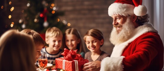 Fototapeta na wymiar Jovial man dressed as Santa giving presents to his family during Christmas dinner With copyspace for text