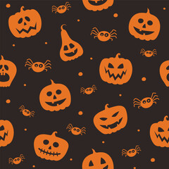 Halloween pattern with funny pumpkins and spiders. Wallpaper. Vector