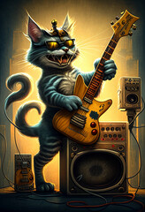 Rock & Roll cat playing an electric guitar, connected to a large guitar amp behind