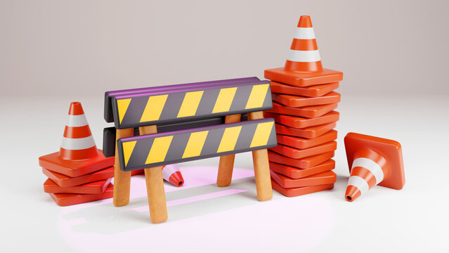 3D rendering of road barrier with traffic cone, under construction icon, warning and stop sign, road construction, Caution sign concept