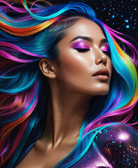 a woman with colorful hair and a space background