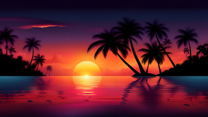 Fototapeta na wymiar Beautiful sunset tropical beach illustration.