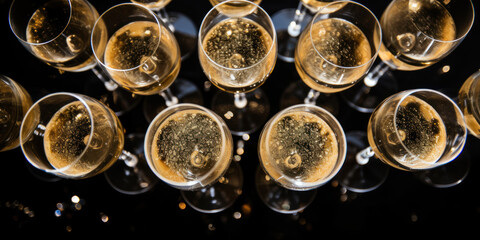 Top view of numerous champagne glasses.
