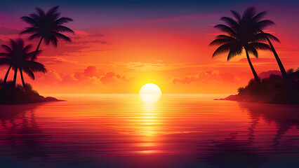 Beautiful sunset tropical beach illustration.