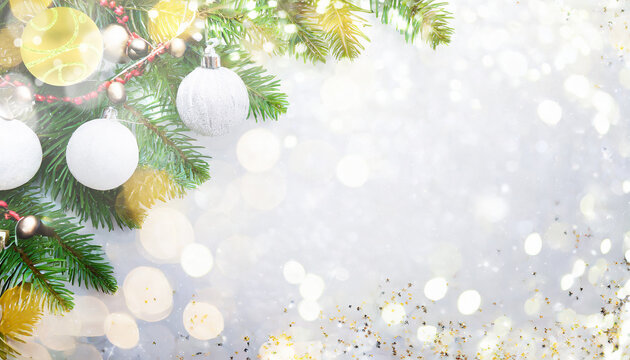 Bokeh white christmas, christmas concept design to holidays, new year background with copy space for text; layout; top view; flat lay. decoration christmas.