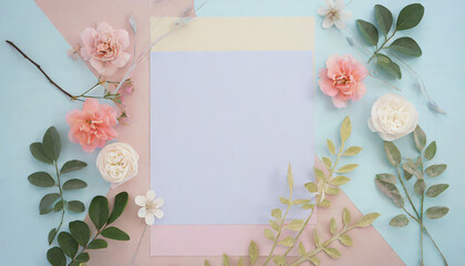 top view of pastel paper background with copy space for text; layout; top view; flat lay of pastel colors and texture, leaves, branches, flowers