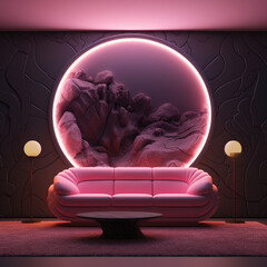 Futuristic minimalist interior with pink light, sofa, lamps, and decor. Ai generated.