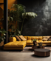 Dark interior with yellow leather sofa, coffee table, tropical plants and decor. Ai generated.