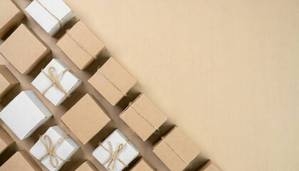 recycled cardboard boxes background with copy space for text; layout; top view; flat lay