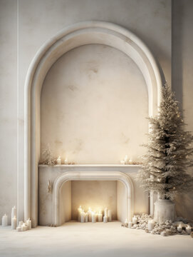 Christmas minimalist interior with fireplace, candles, plaster walls and decor. Ai generated.