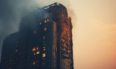 Towering building engulfed in a fierce blaze, with smoke billowing.