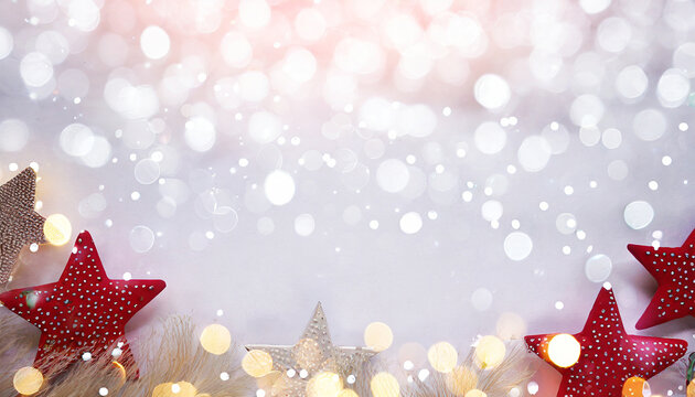 Bokeh white christmas, christmas concept design to holidays, new year background with copy space for text; layout; top view; flat lay.
