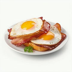 Morning Flavor of Aromatic Bacon and Eggs Isolated on White Background.