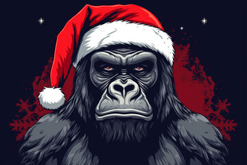 Christmas illustration of a gorilla in winter