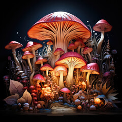 Fantasy enchanted fairy tale forest with magical Mushrooms. Beautiful macro shot of magic mushroom, fungus. Magic light. digital art
