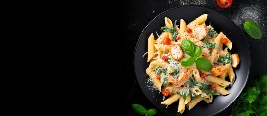 Chicken spinach and penne pasta in creamy sauce viewed from above With copyspace for text
